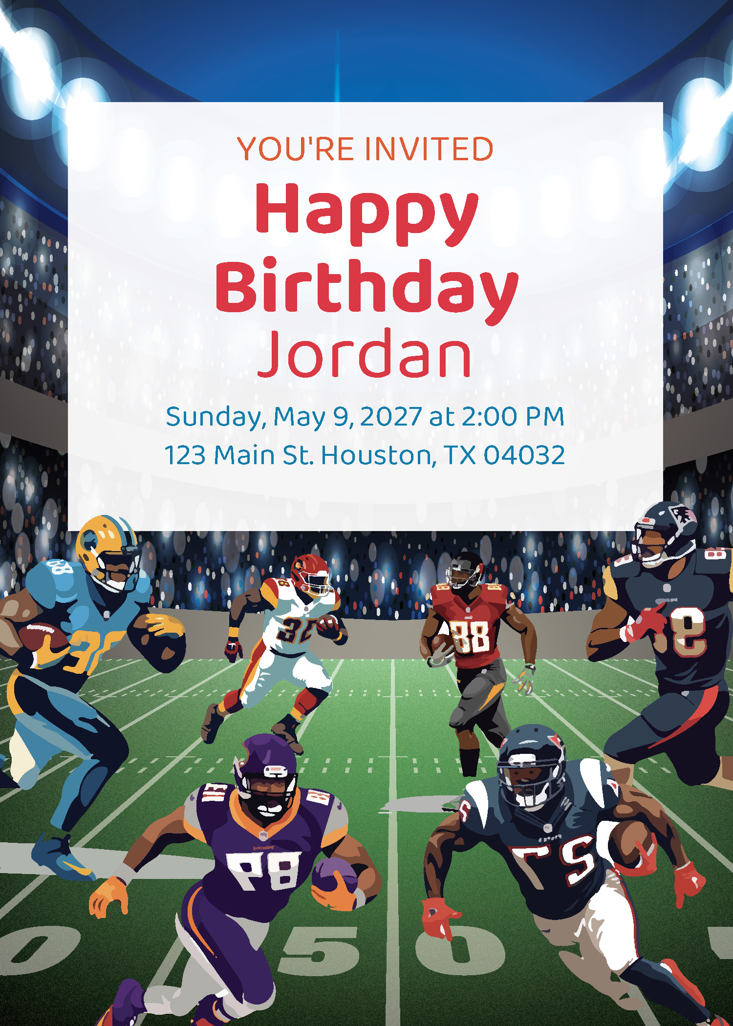 Boys American football birthday party printable invitation personalized with child's name, date and address — Instant Party Kit