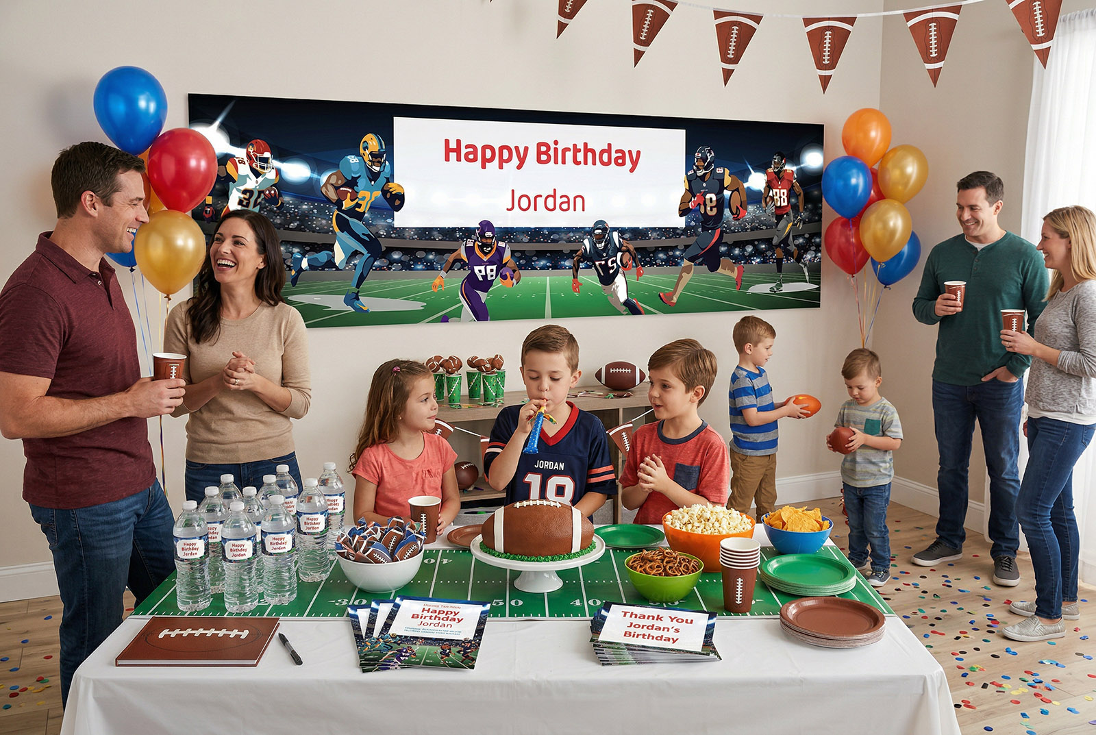 American football birthday party setup showing personalized banner, water bottle labels, invitations and thank you tags from Instant Party Kit