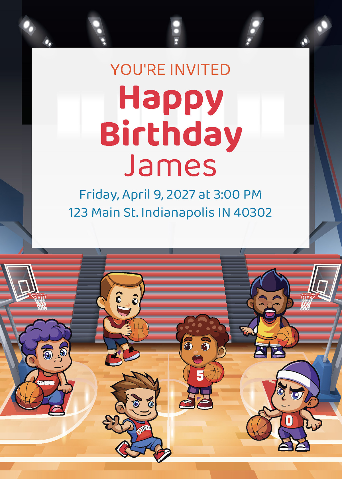 Boys basketball birthday party printable invitation personalized with child's name, date and address — Instant Party Kit
