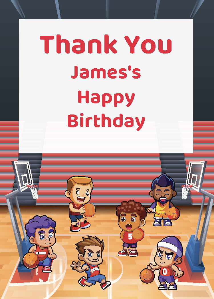 Boys basketball birthday party printable thank you tag personalized with child's name from Instant Party Kit