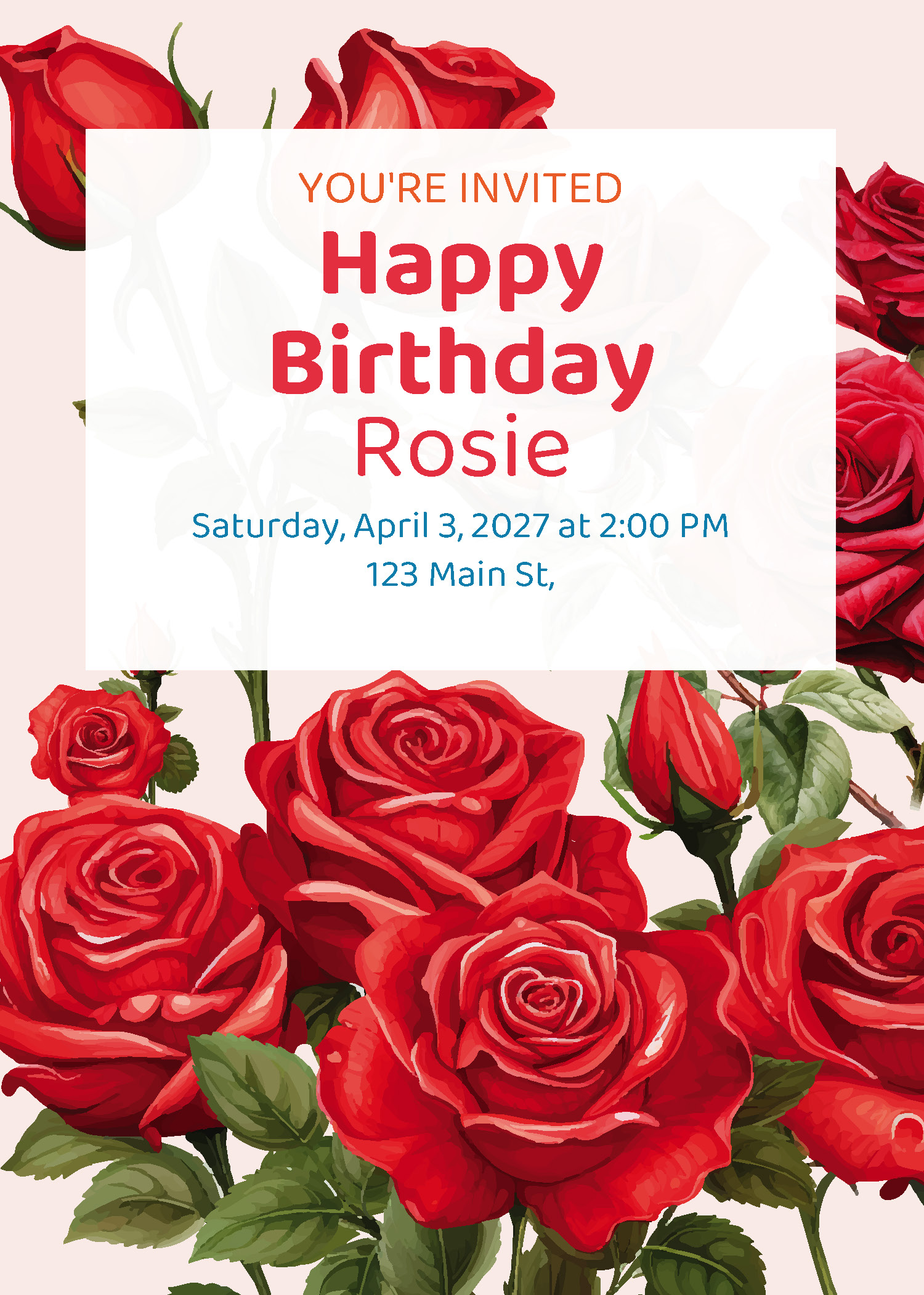 Blooming roses birthday party printable invitation — Instant Party Kit