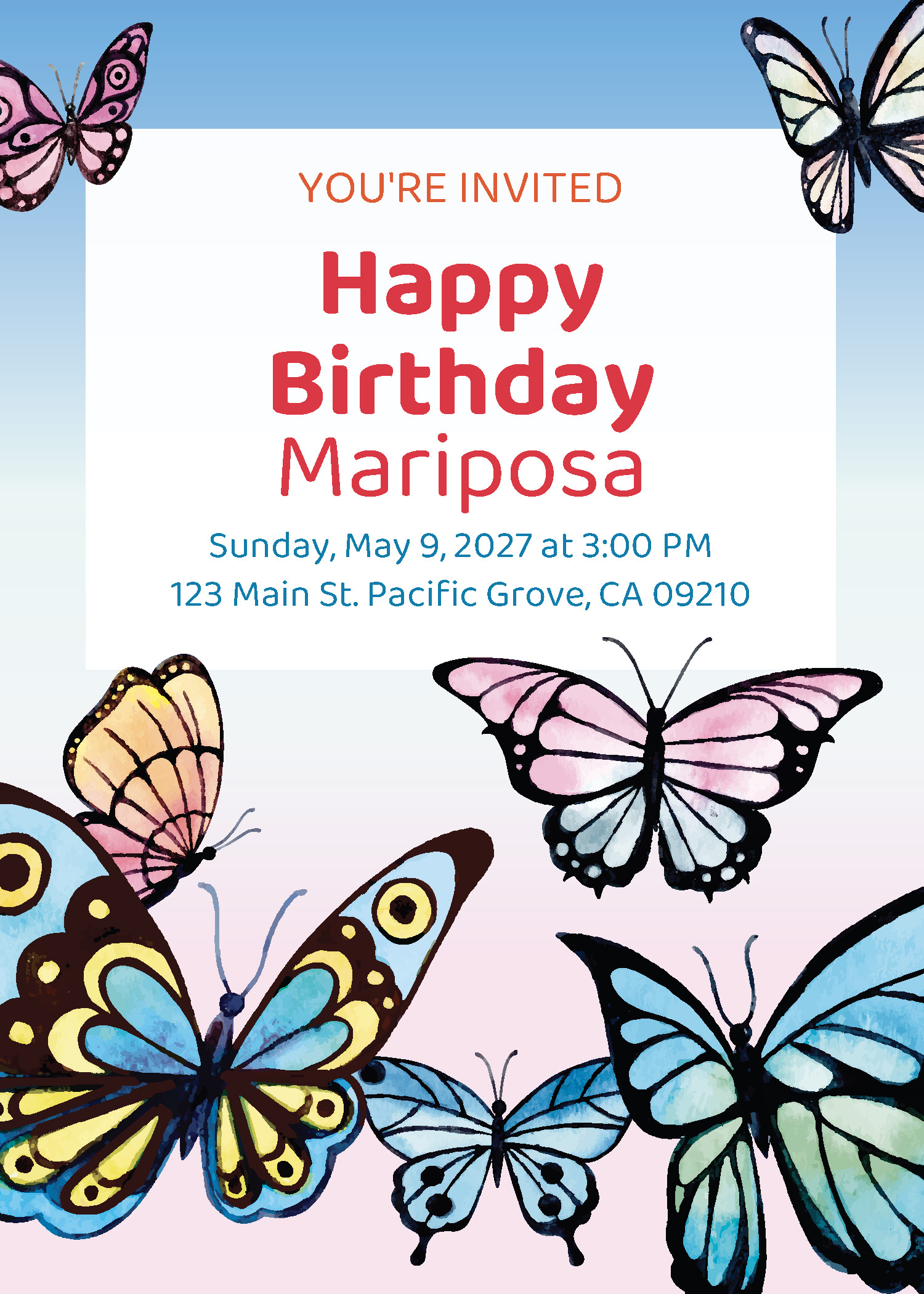 Girls butterfly birthday party printable invitation personalized with child's name and party details from Instant Party Kit