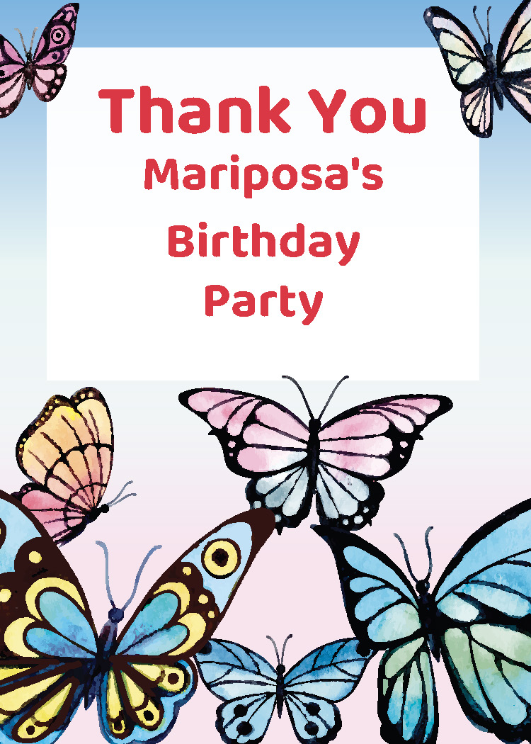Girls butterfly birthday party printable thank you tag personalized with child's name from Instant Party Kit