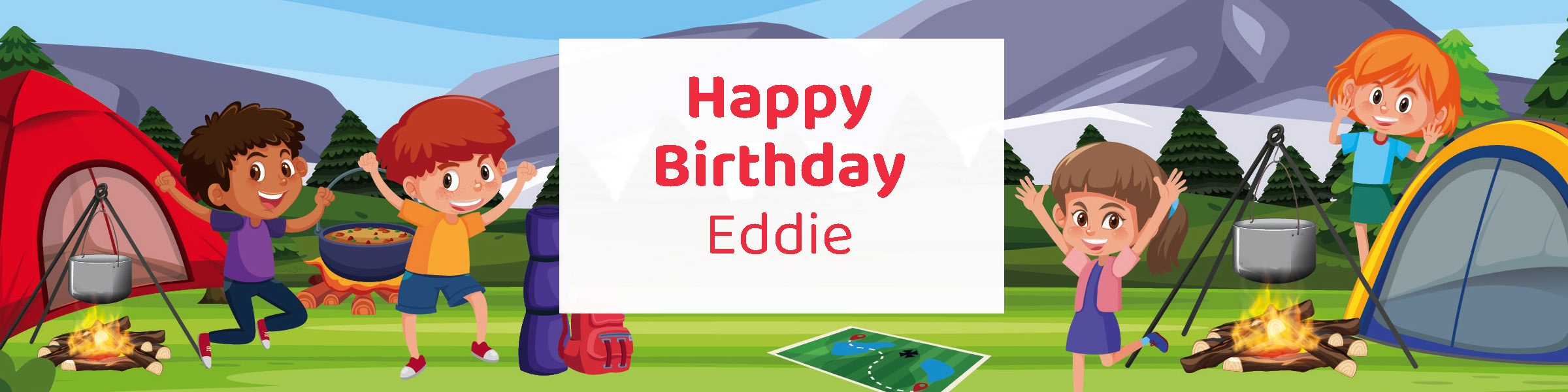 Camping birthday party printable water bottle label personalized with child's name from Instant Party Kit