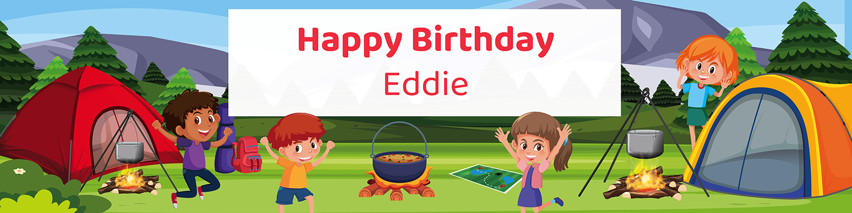Camping birthday party printable 4-foot banner personalized with child's name from Instant Party Kit