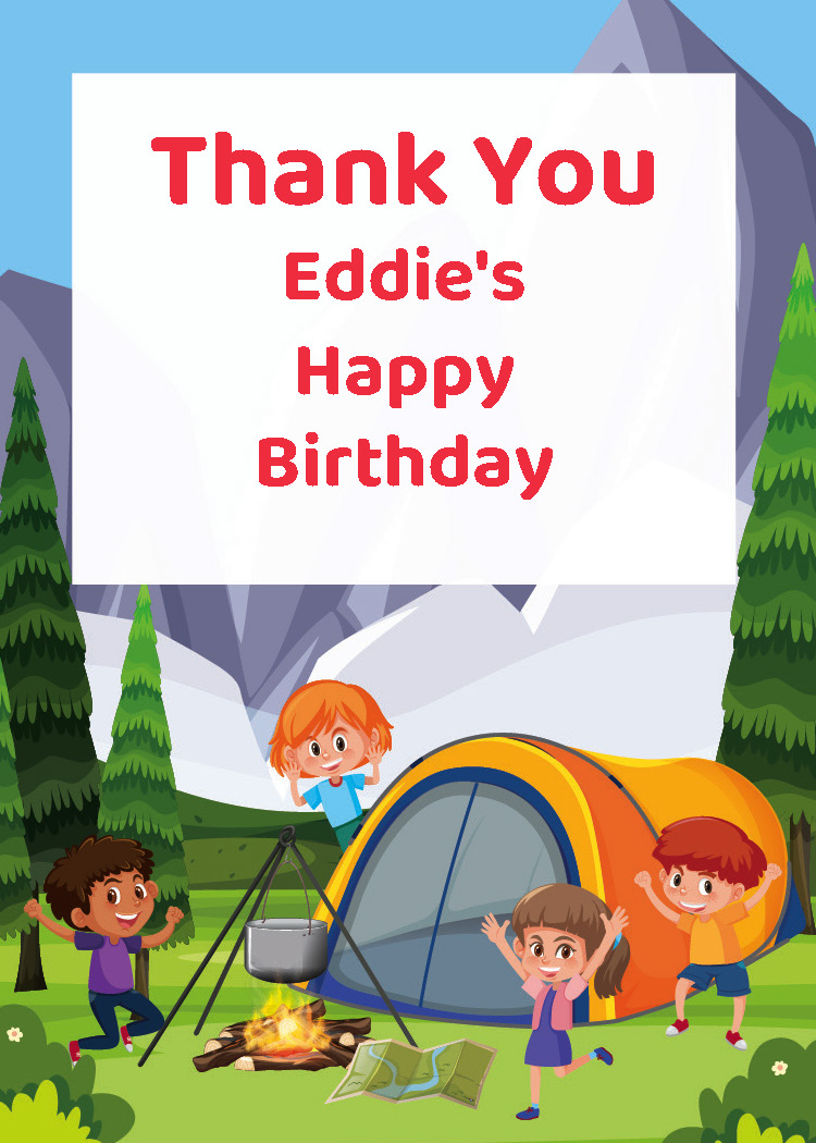 Camping birthday party printable thank you tag personalized with child's name from Instant Party Kit