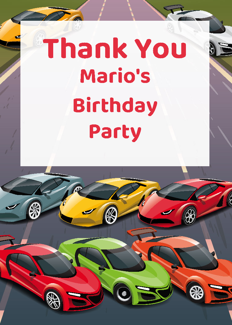 Personalized boys race car birthday party printable thank you tag with custom name from Instant Party Kit