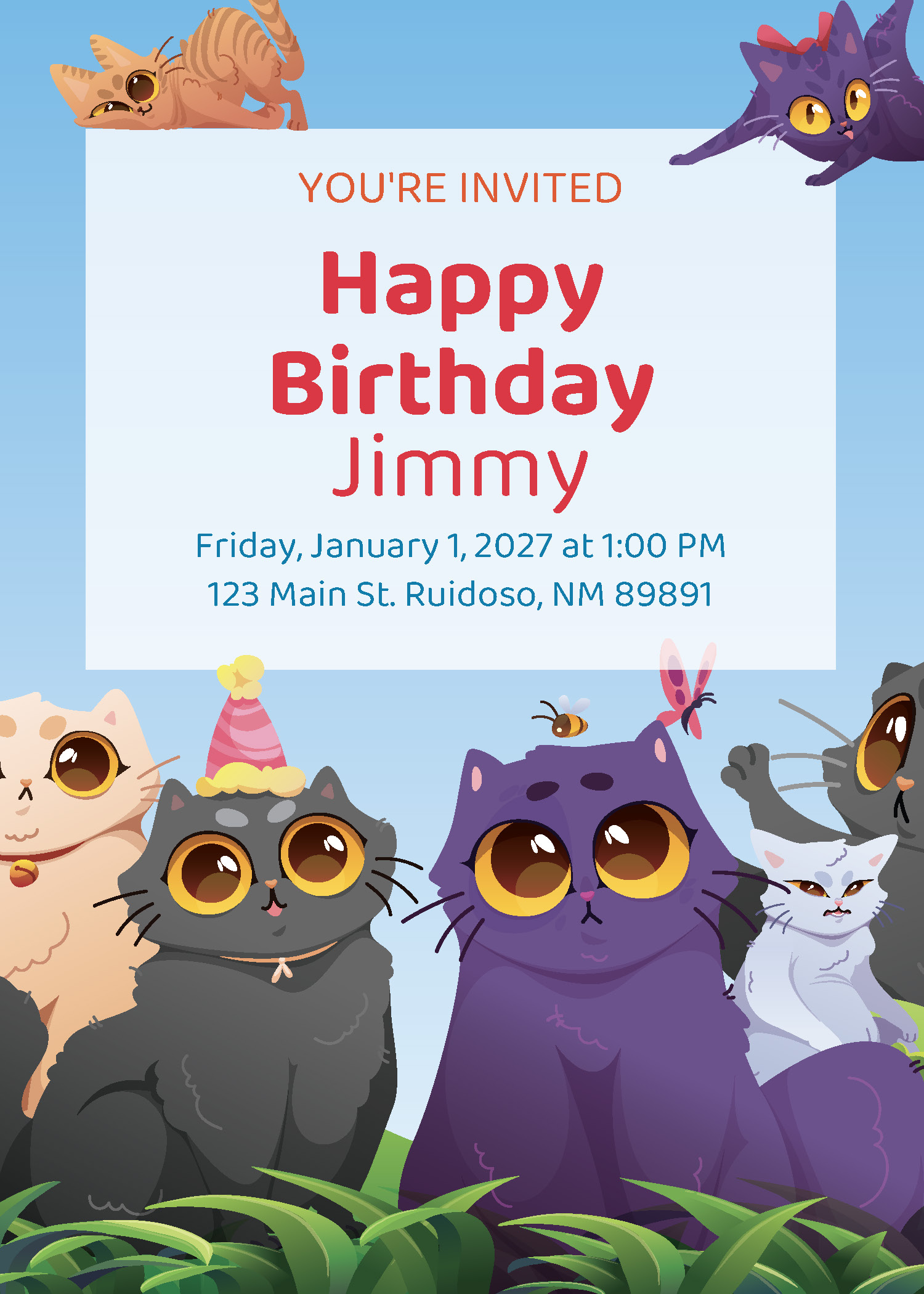 Kids cat birthday party printable invitation personalized with child's name, date and address from Instant Party Kit