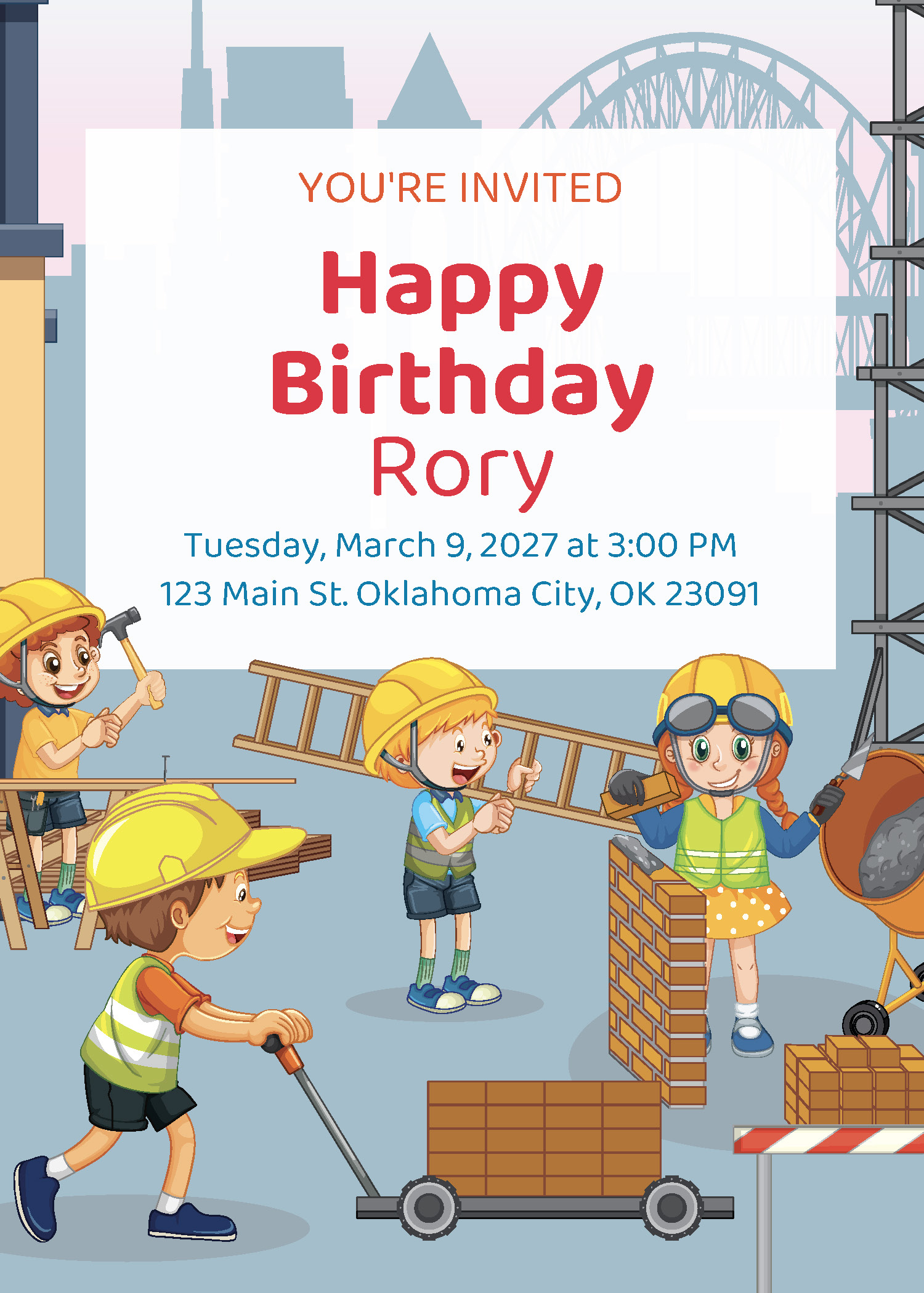 Personalized construction birthday party printable invitation with child's name, date and address from Instant Party Kit