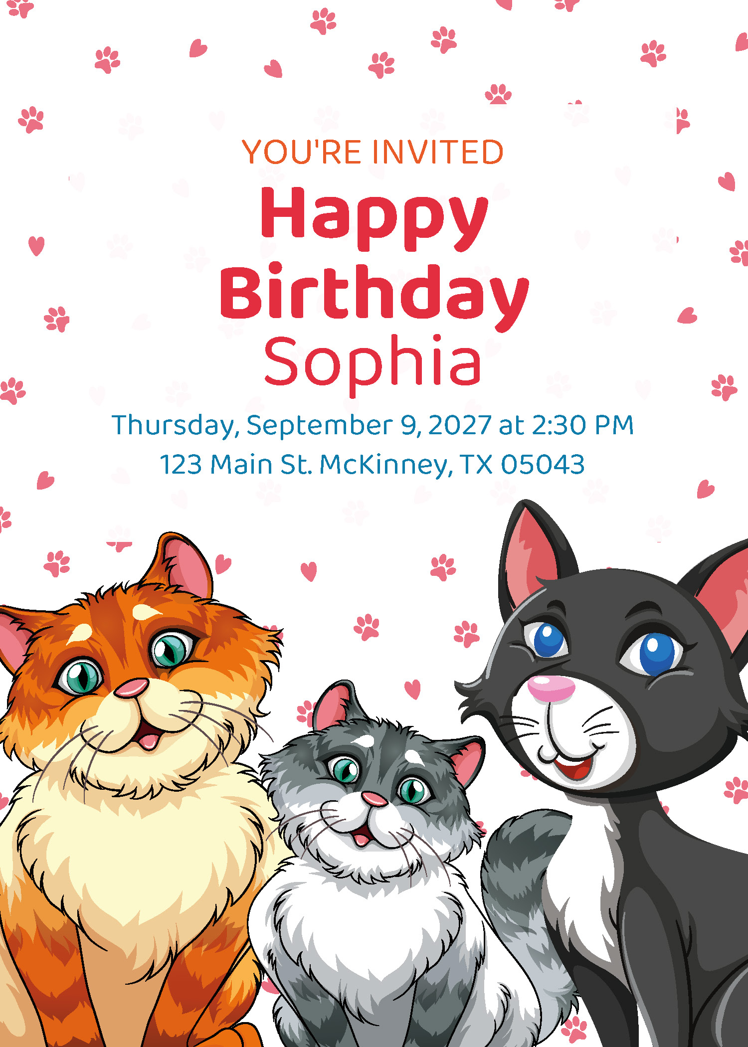 Girls cute cat birthday party printable invitation personalized with child's name, date and address — Instant Party Kit
