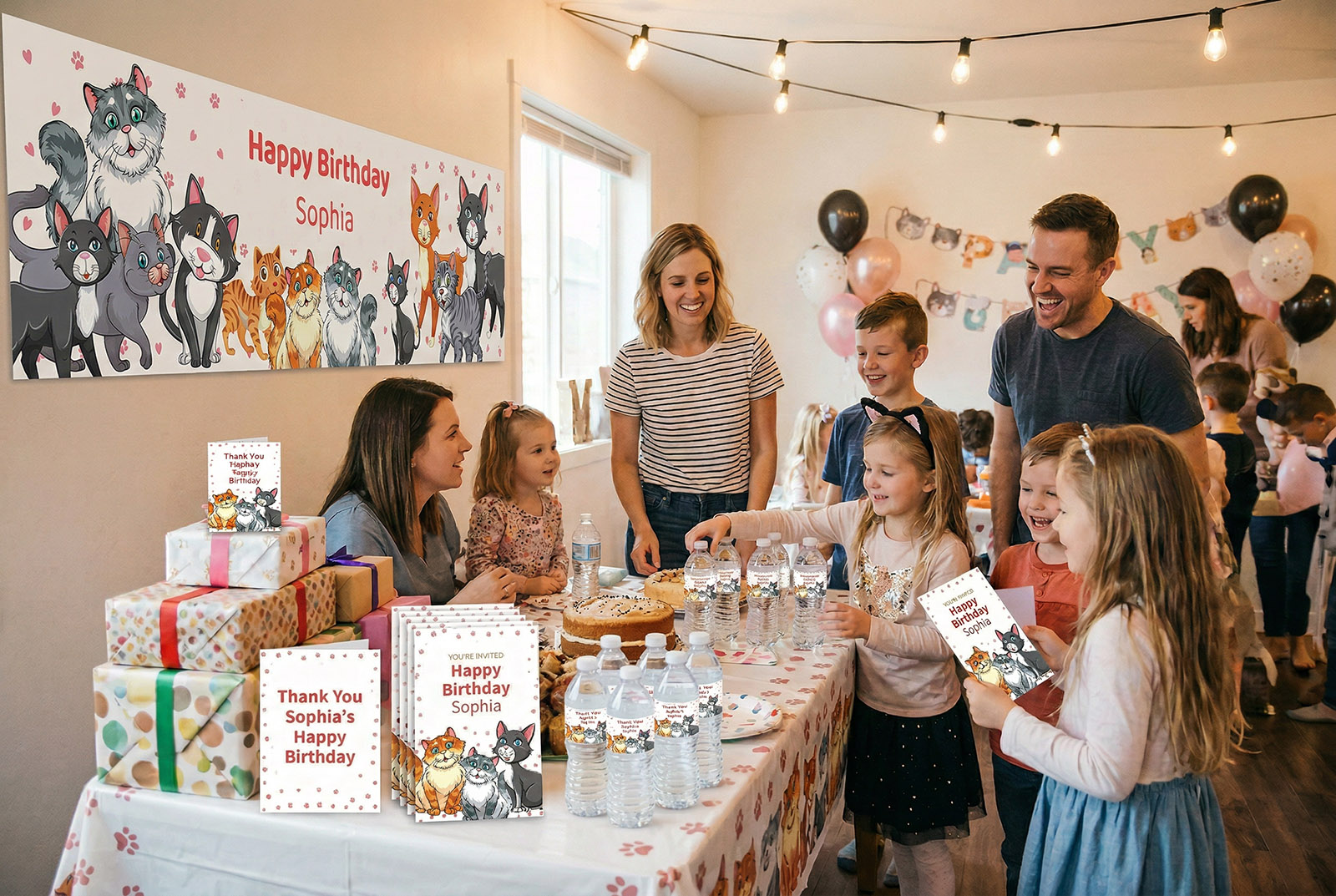 Cute cat birthday party setup showing personalized banner, water bottle labels, invitations and thank you tags from Instant Party Kit
