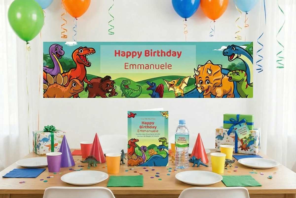 Boys dinosaur birthday party printable bundle showing personalized banner, invitation, water bottle label, and thank you tag from Instant Party Kit