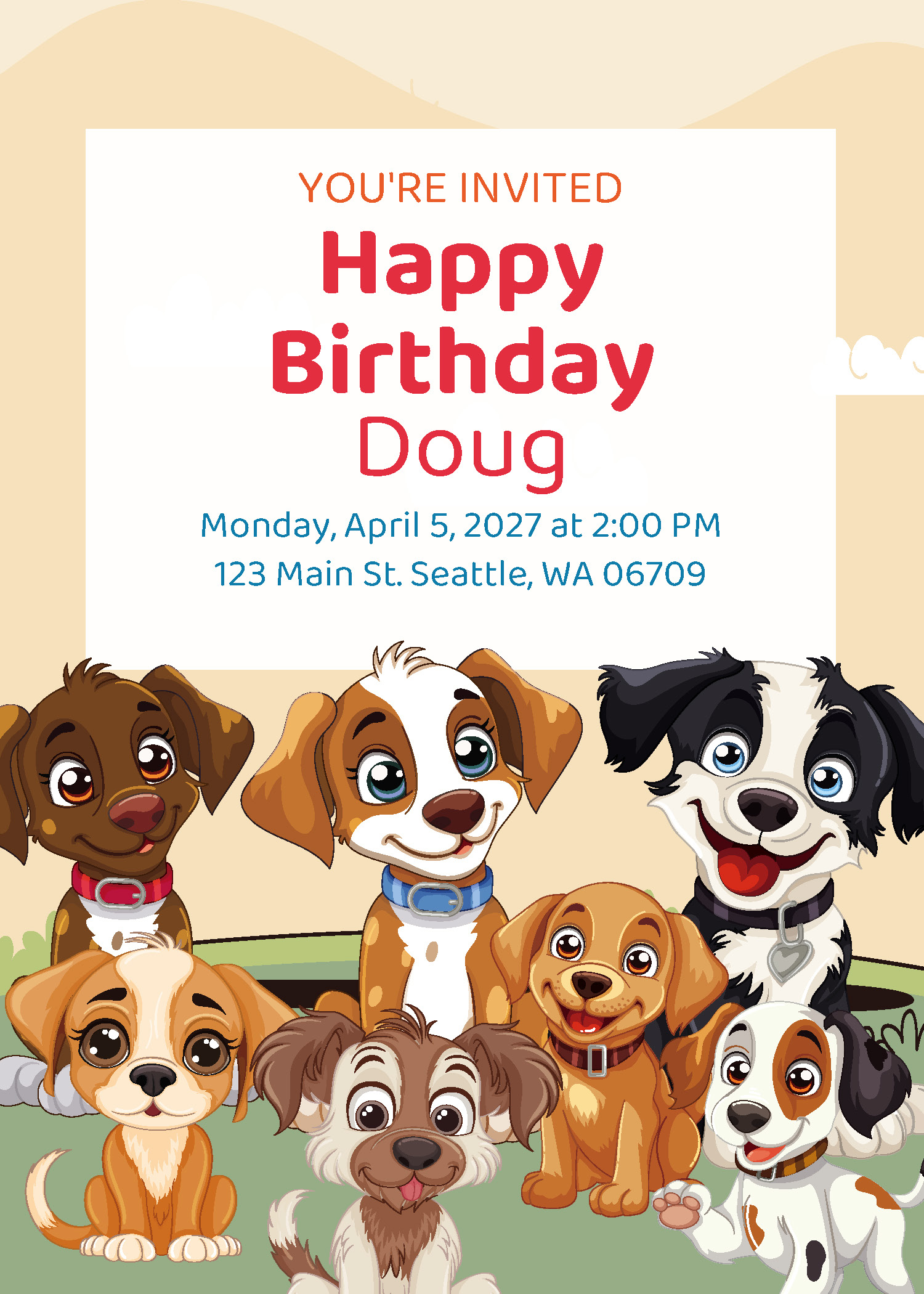 Dog birthday party printable invitation personalized with child's name and party details from Instant Party Kit
