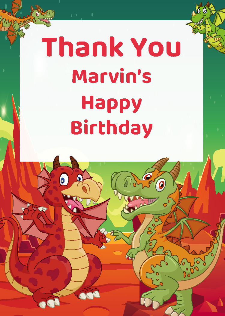 Kids dragon birthday party printable thank you tag personalized with child's name from Instant Party Kit