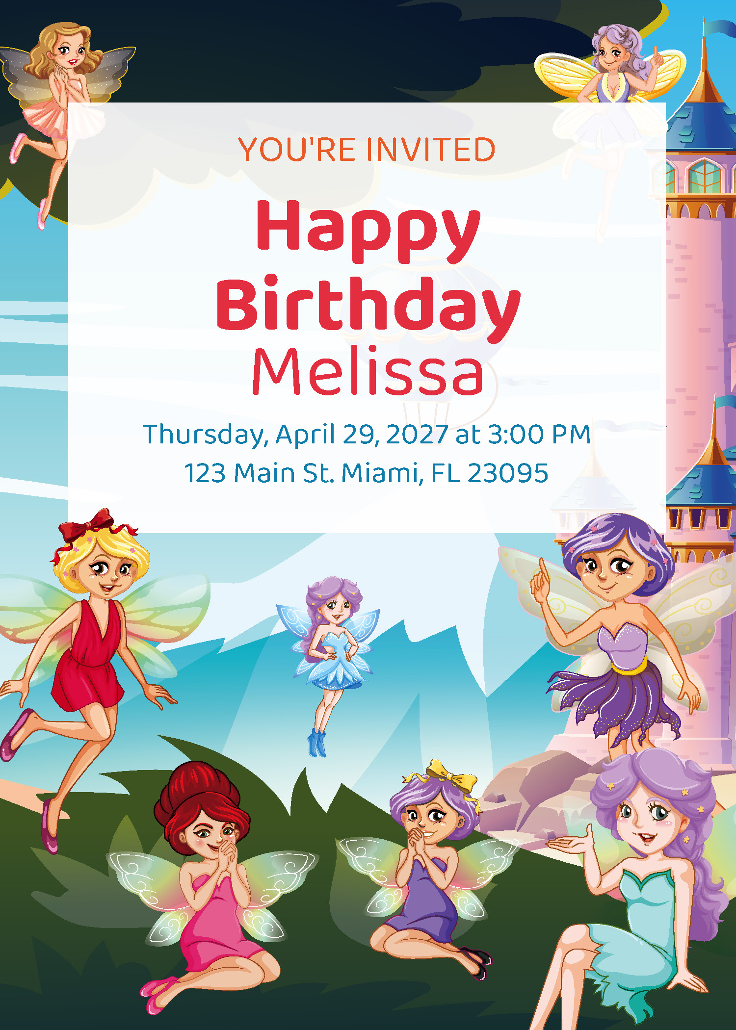 Personalized girls fairy birthday party printable invitation with custom name, date and address from Instant Party Kit