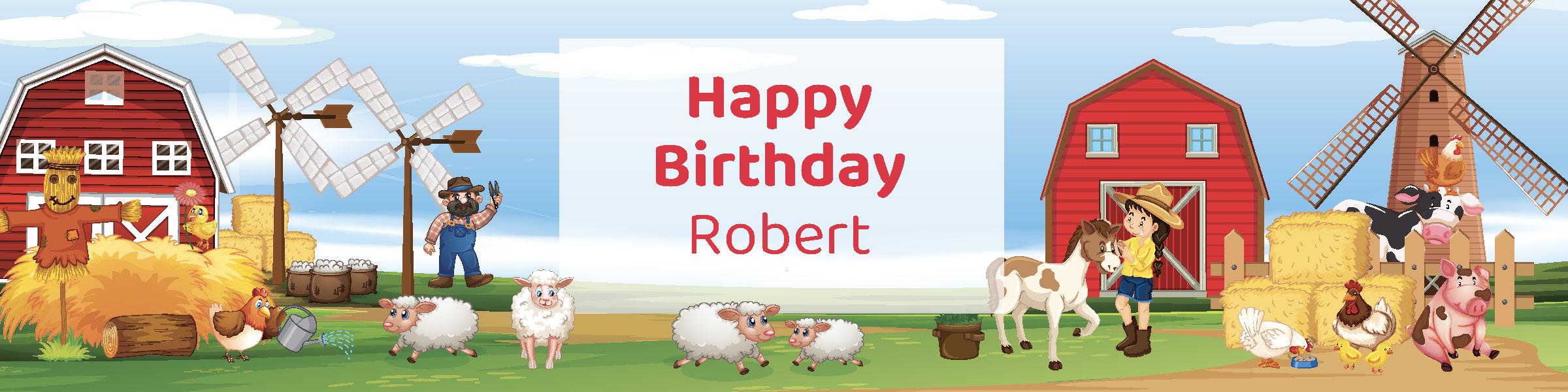 Farm birthday party printable 4-foot banner personalized with child's name from Instant Party Kit