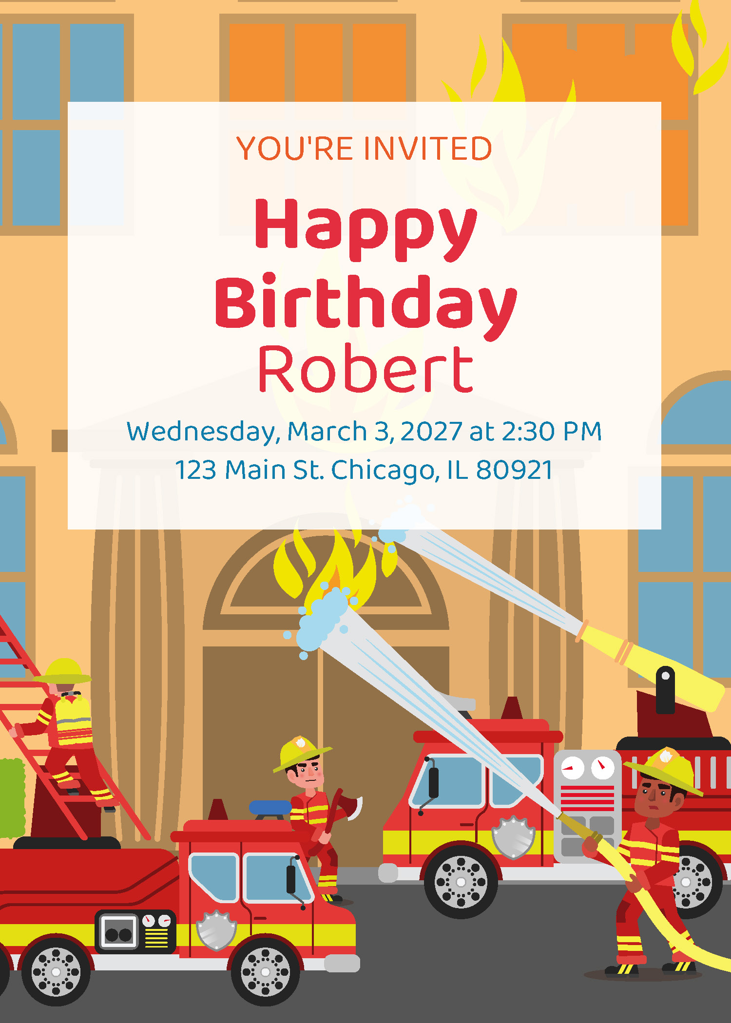 Fire truck birthday party printable invitation personalized with boy's name and party details from Instant Party Kit