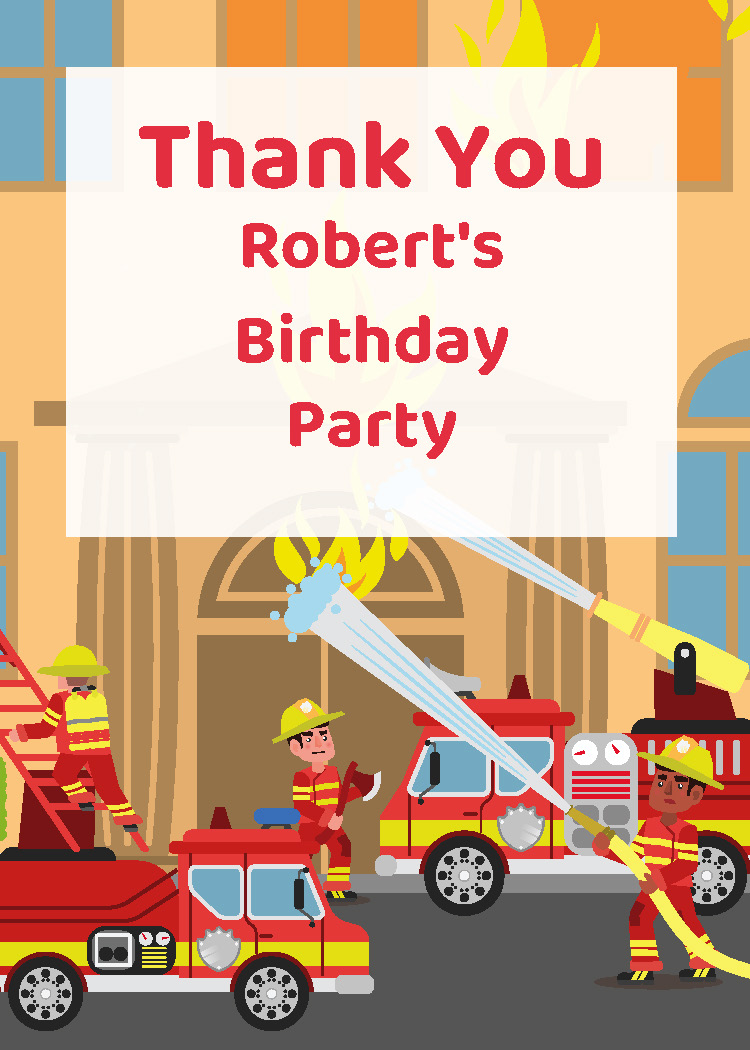 Fire truck birthday party printable thank you tag personalized with boy's name from Instant Party Kit