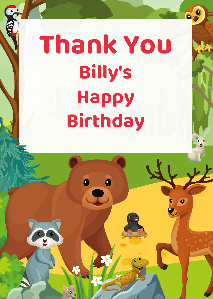 Forest friends birthday party printable thank you tag personalized with child's name from Instant Party Kit