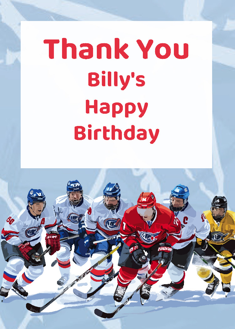 Boys hockey birthday party printable thank you tag personalized with child's name from Instant Party Kit