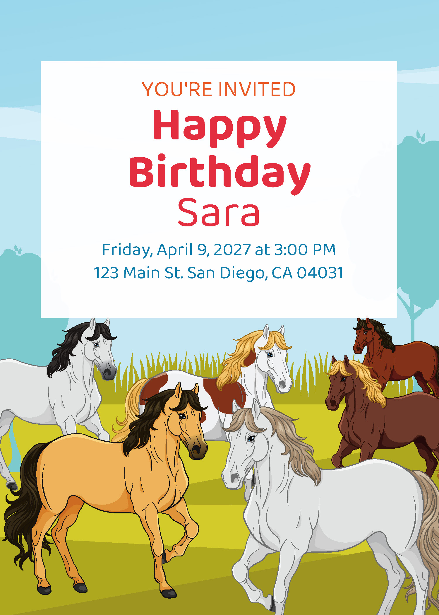 Girls horse birthday party printable invitation personalized with child's name, date and address — Instant Party Kit