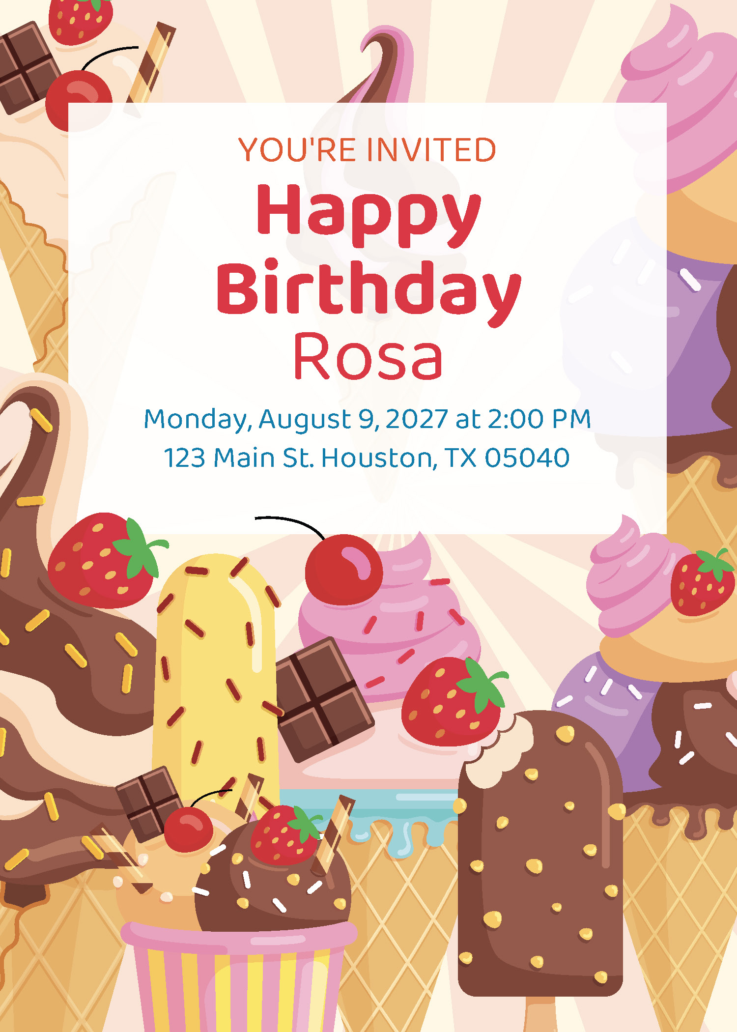 Ice cream birthday party printable invitation personalized with child's name and party details from Instant Party Kit