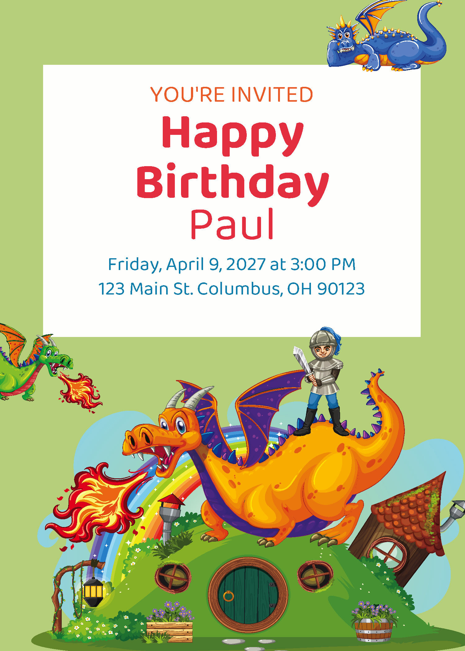 Knight and dragon quest birthday party printable invitation personalized with child's name from Instant Party Kit