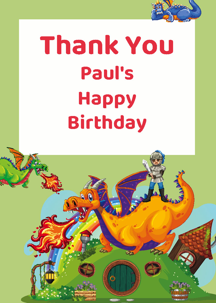 Knight and dragon quest personalized birthday party thank you tag printable