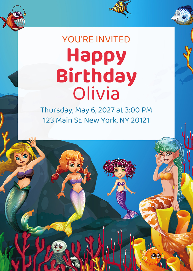 Mermaid ocean birthday party printable invitation personalized with girl's name and party details from Instant Party Kit