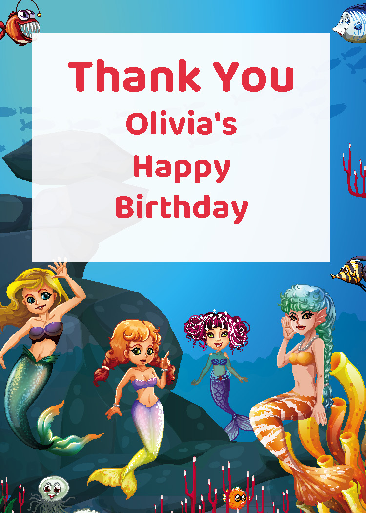 Mermaid ocean birthday party printable thank you tag personalized with girl's name from Instant Party Kit