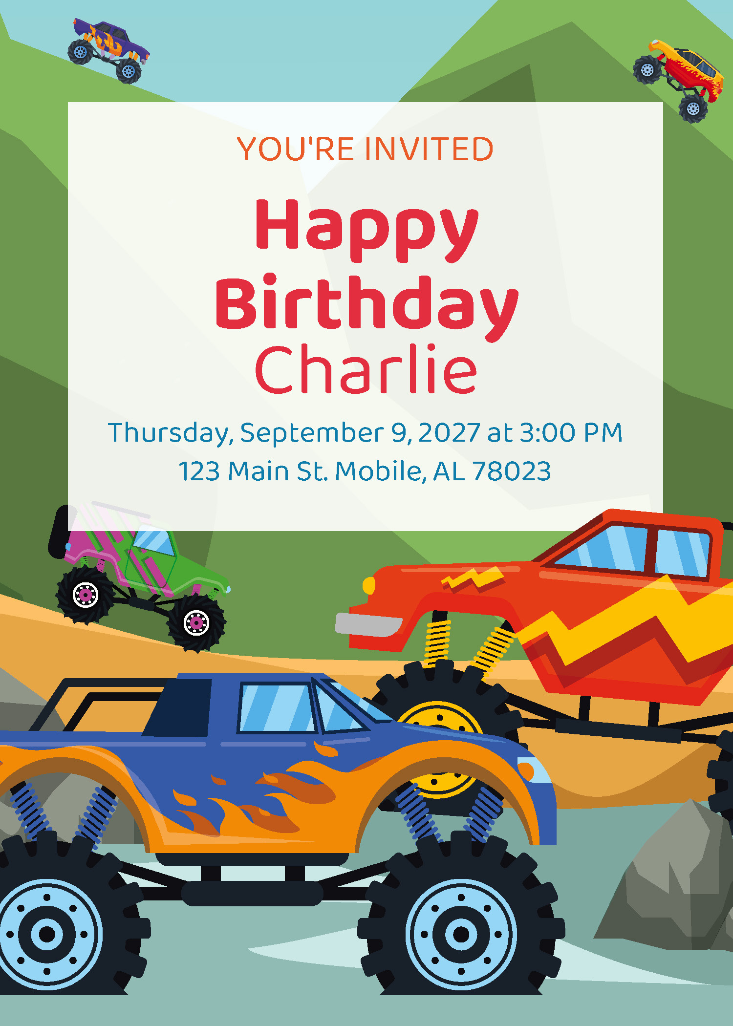Monster Truck birthday party printable invitation from Instant Party Kit