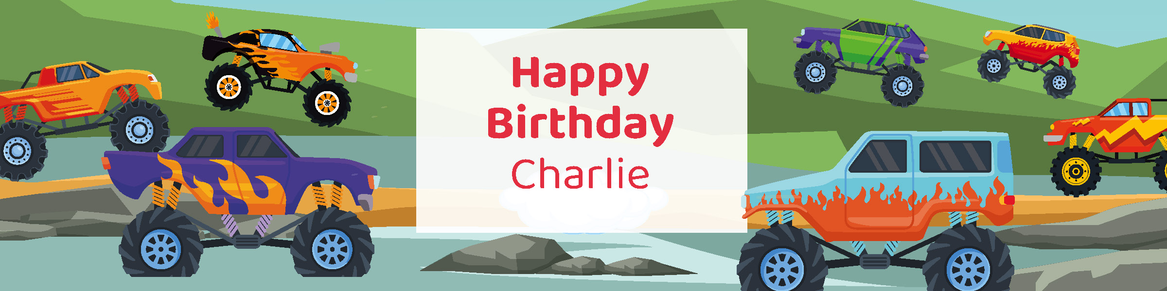Monster truck birthday party printable 4-foot banner personalized with boy's name from Instant Party Kit