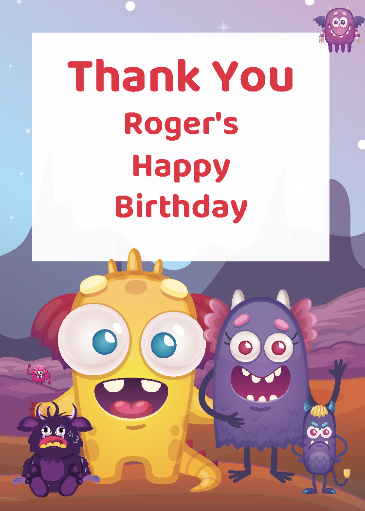 Kids monster birthday party printable thank you tag personalized with child's name from Instant Party Kit