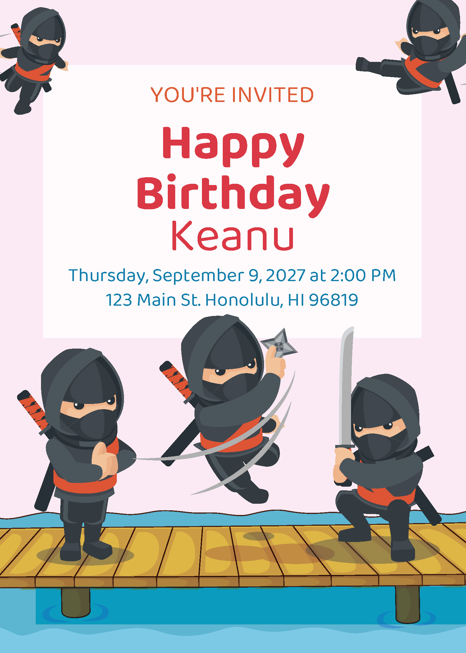 Boys ninja birthday party printable invitation personalized with child's name and party details from Instant Party Kit