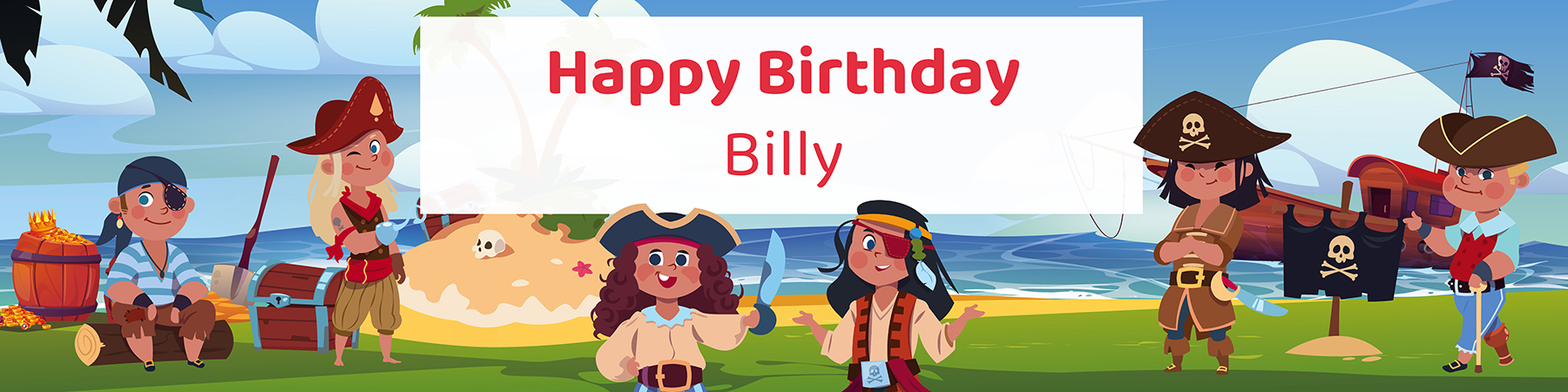 Pirate kids birthday party 4-foot banner personalized with child's name from Instant Party Kit