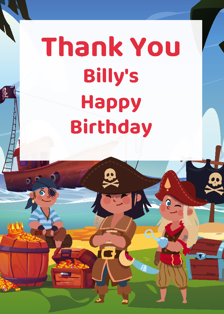 Pirate kids birthday party thank you tag personalized with child's name from Instant Party Kit
