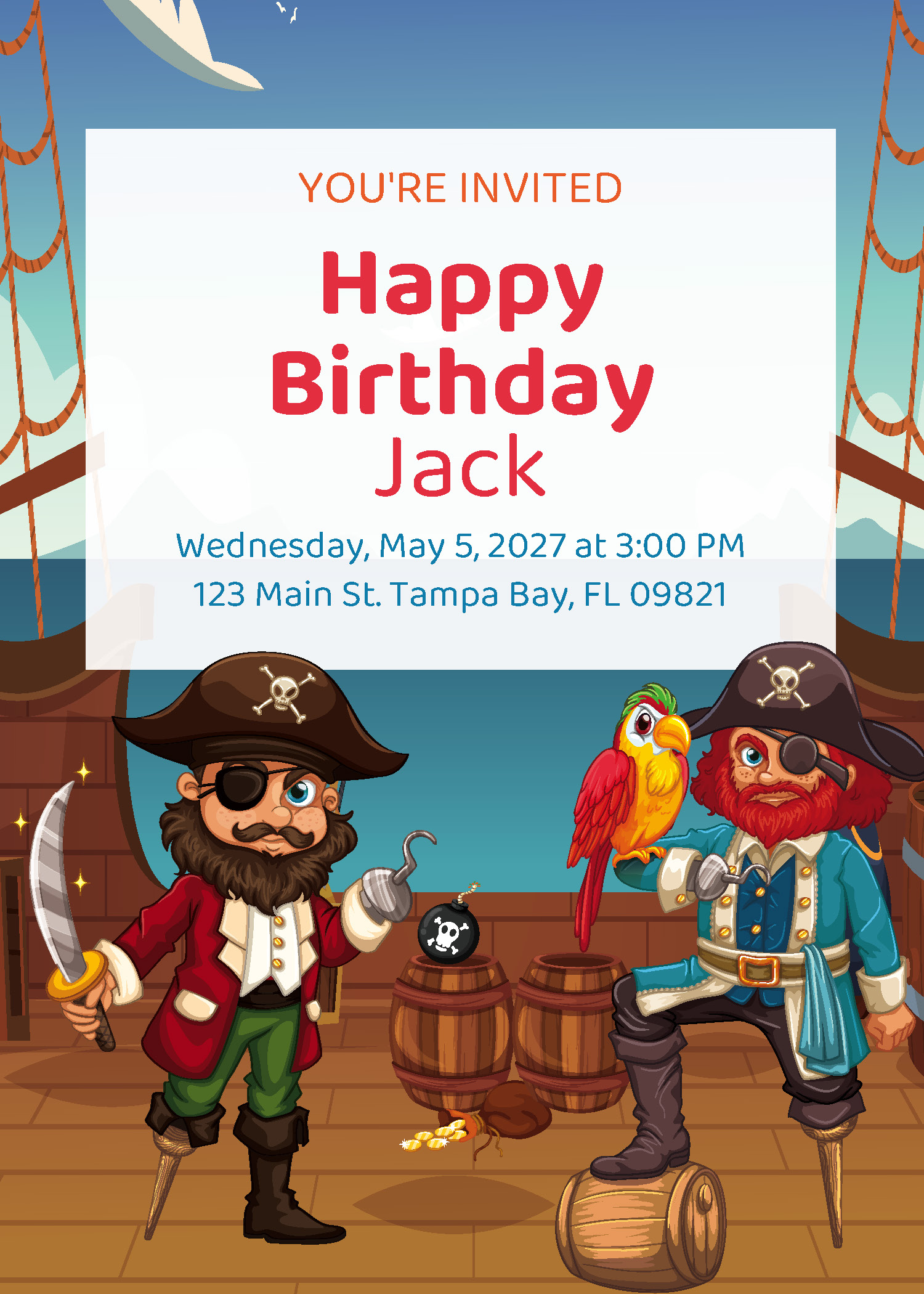 Personalized kids pirate birthday party printable invitation with two pirate captains, a parrot and ship deck backdrop from Instant Party Kit