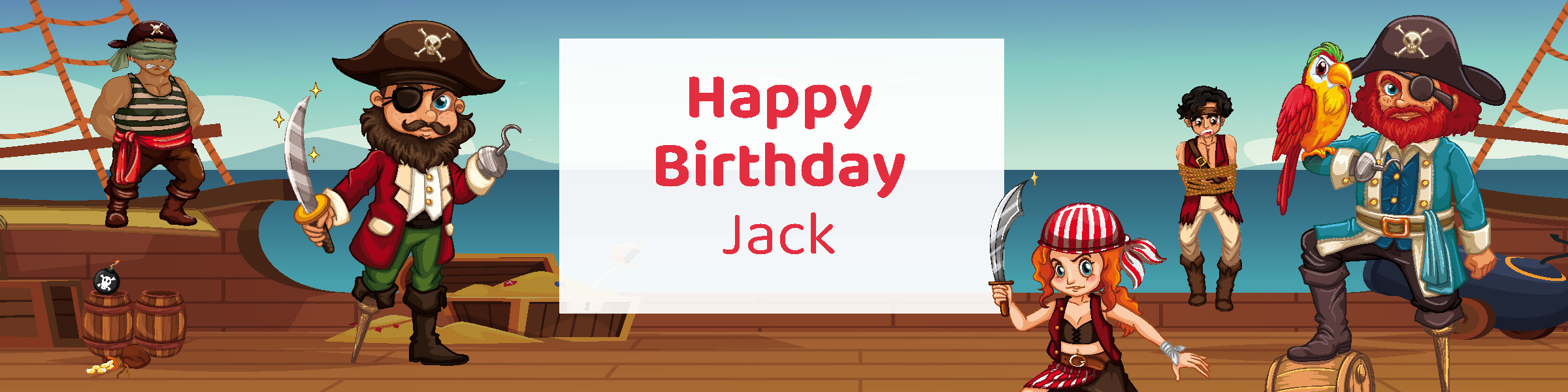 Classic pirate birthday party water bottle label personalized with child's name from Instant Party Kit