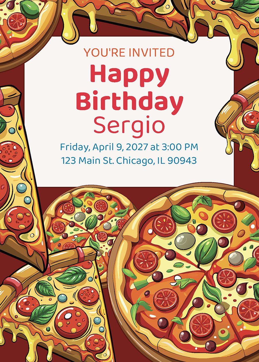 Pizza birthday party printable invitation from Instant Party Kit