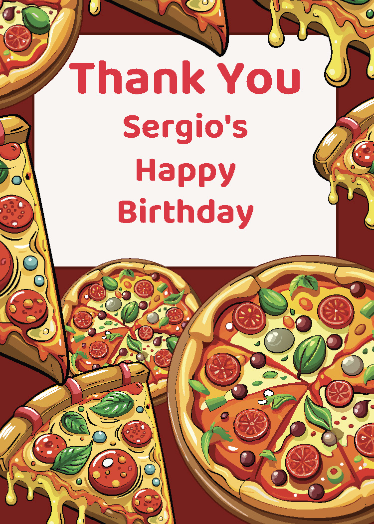 Kids pizza birthday party printable thank you tag personalized with child's name from Instant Party Kit