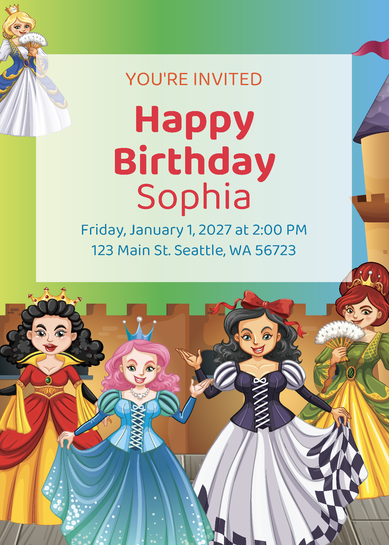 Personalized girls princess birthday party printable invitation with custom name, date and address from Instant Party Kit
