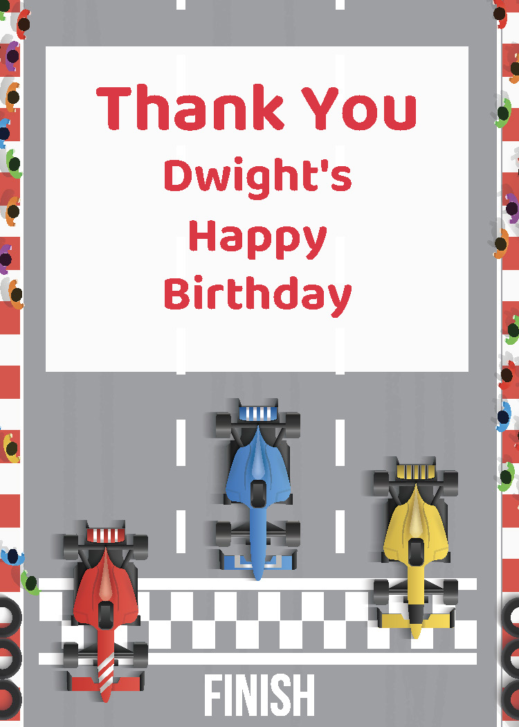Boys race car birthday party printable thank you tag personalized with child's name from Instant Party Kit