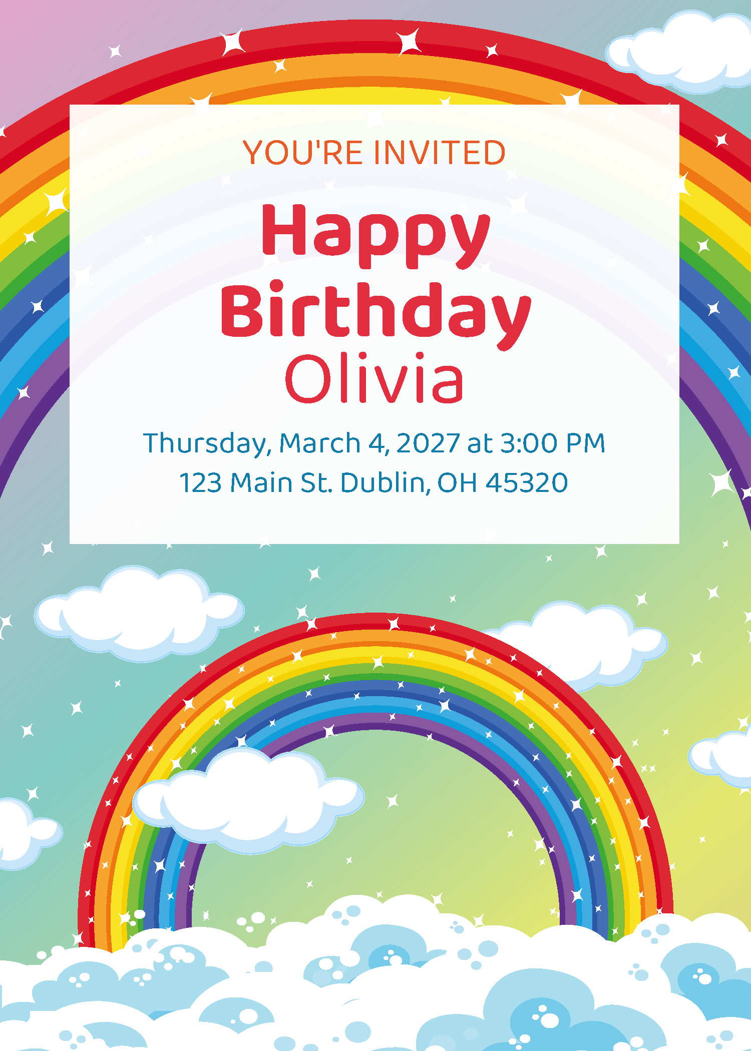 Rainbows birthday party printable invitation from Instant Party Kit