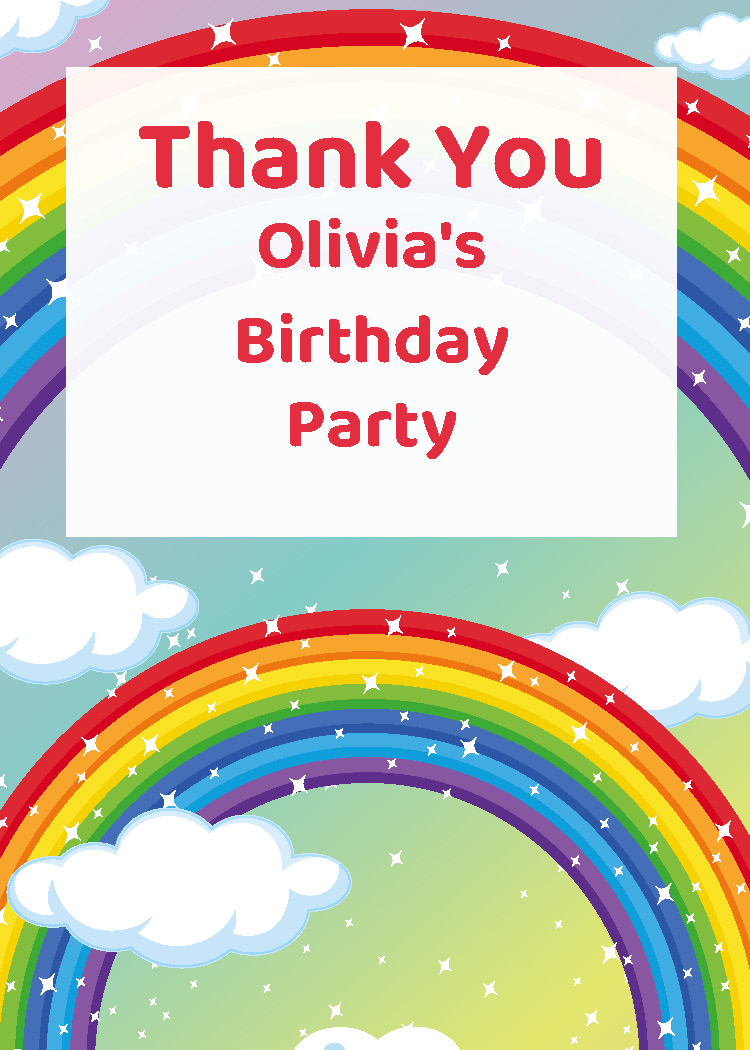 Kids rainbow birthday party printable thank you tag personalized with child's name from Instant Party Kit