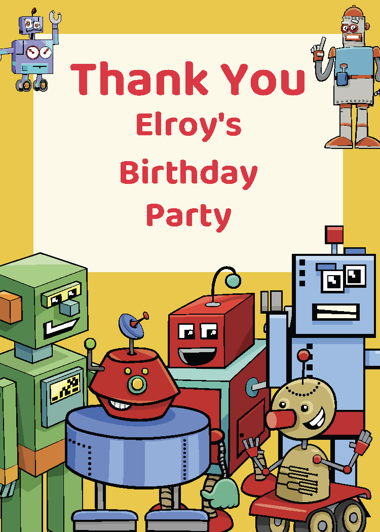 Personalized boys robot birthday party printable thank you tag with custom name from Instant Party Kit