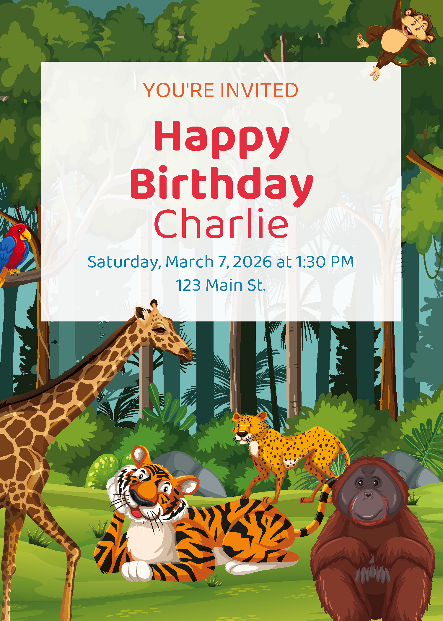 Personalized kids safari birthday party printable invitation with custom name, date and address from Instant Party Kit