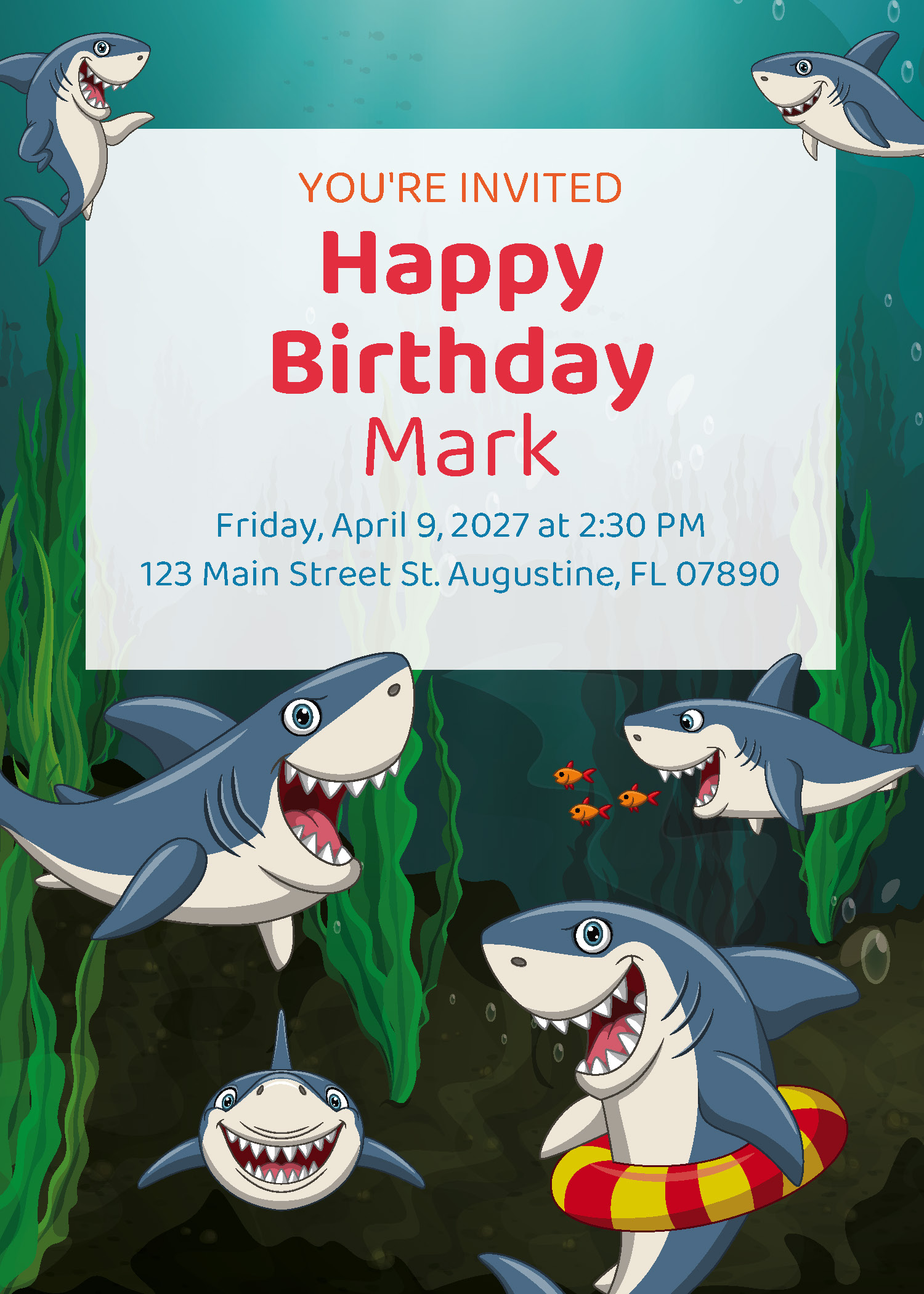 Sharks birthday party printable invitation from Instant Party Kit