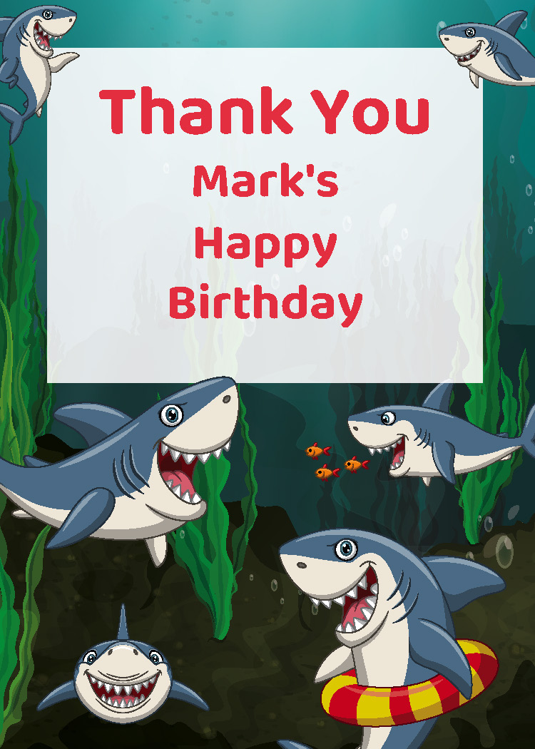 Shark birthday party printable thank you tag personalized with boy's name from Instant Party Kit