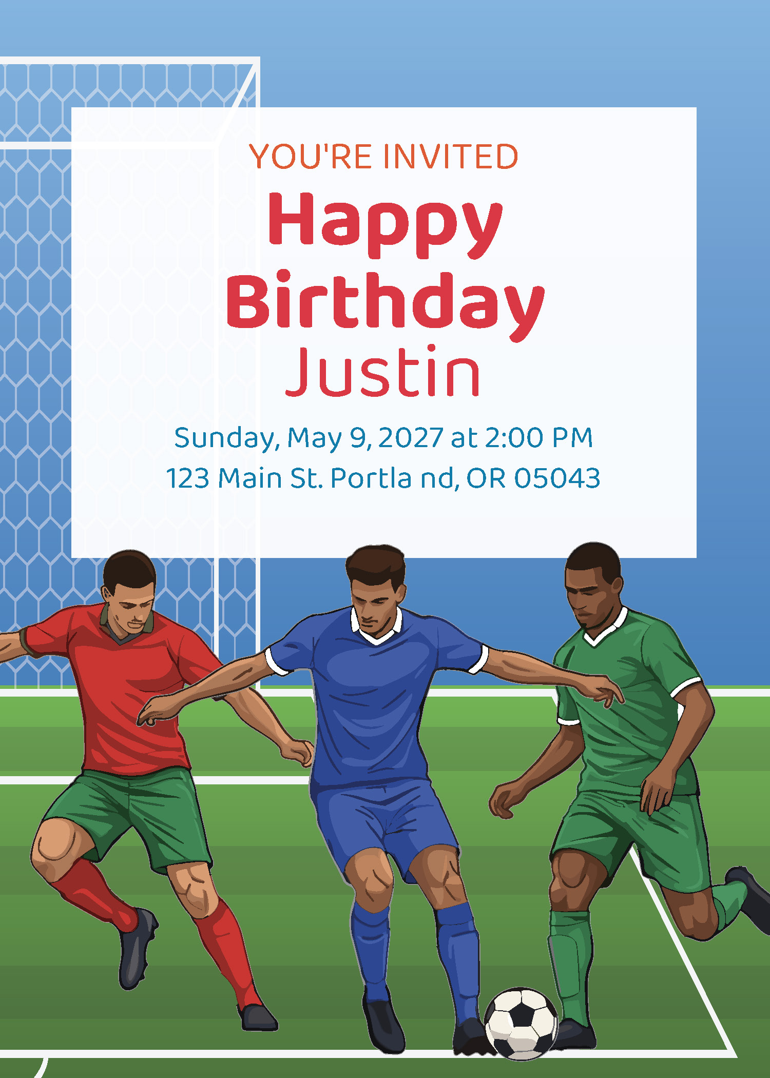 Kids soccer birthday party printable invitation personalized with child's name, date and address — Instant Party Kit
