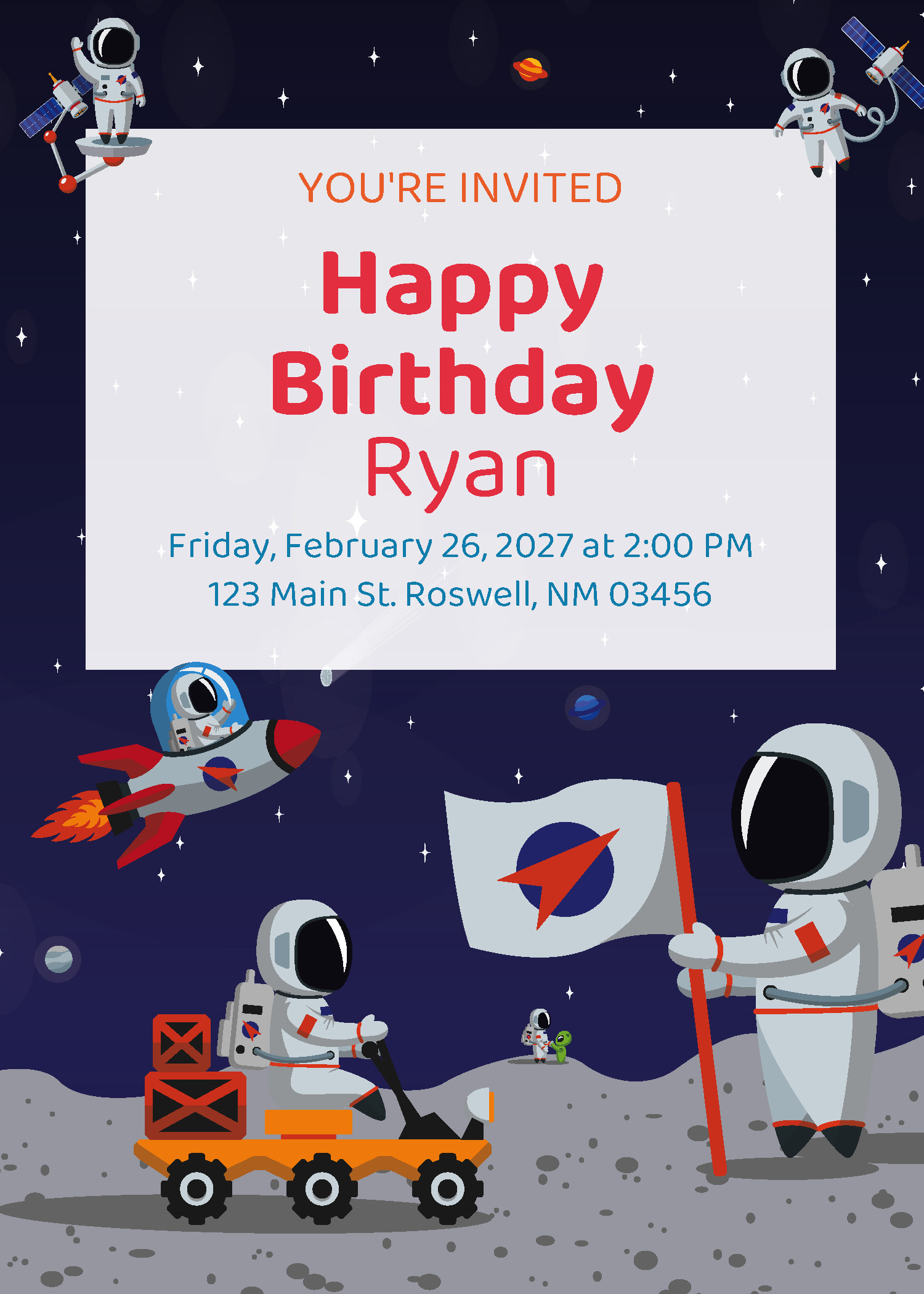 Personalized kids space birthday party printable invitation with custom name, date and address from Instant Party Kit